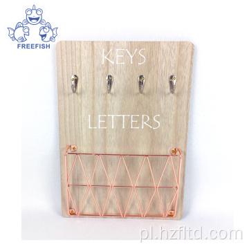 Drewniany ścienny uchwyt na listy z haczykami na klucze